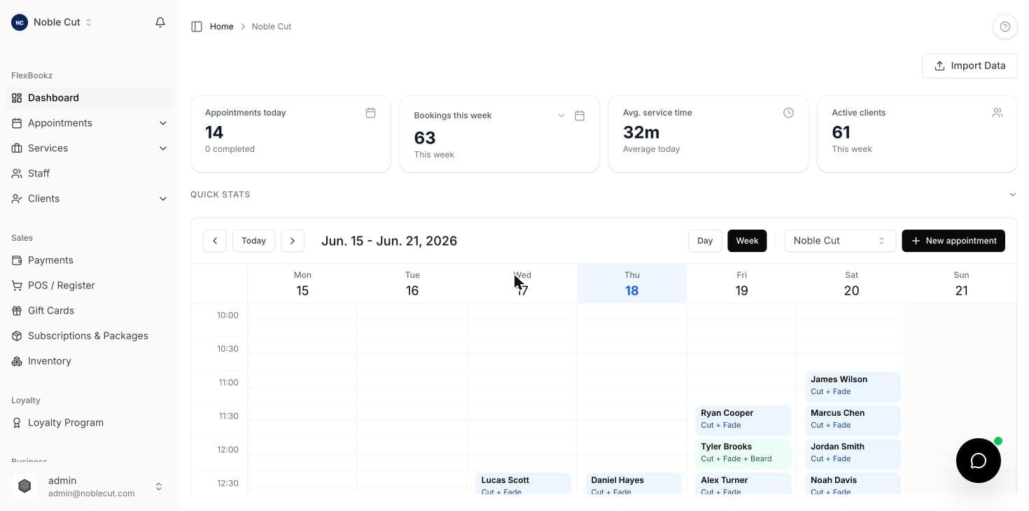 Tableau de bord FlexBookz — agenda hebdomadaire avec rendez-vous, statistiques et gestion des clients